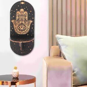 Wood Shelf Crystal Display Mini Hamsa Palm Third Eye Boho Sun Moon Candle Hippie